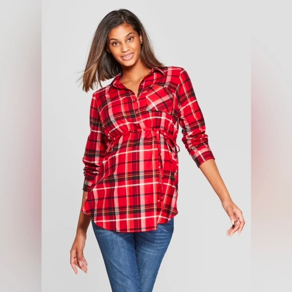 Isabel Maternity Women's Maternity Plaid Flannel Popover Tunin Top, Red - SMALL - Picture 1 of 8
